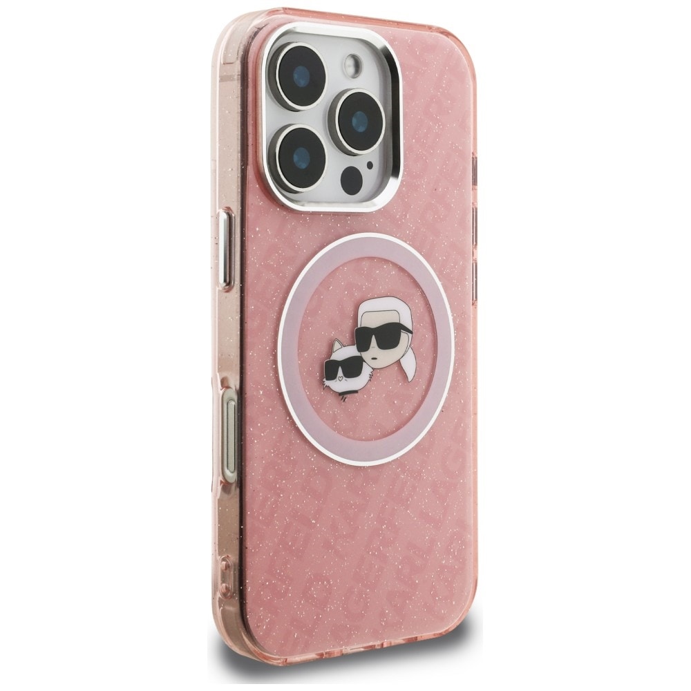 Karl Lagerfeld IML-glitter m. Karl & Choupette-hoder-logo, MagSafe-etui iPhone 16 Pro Max – rosa