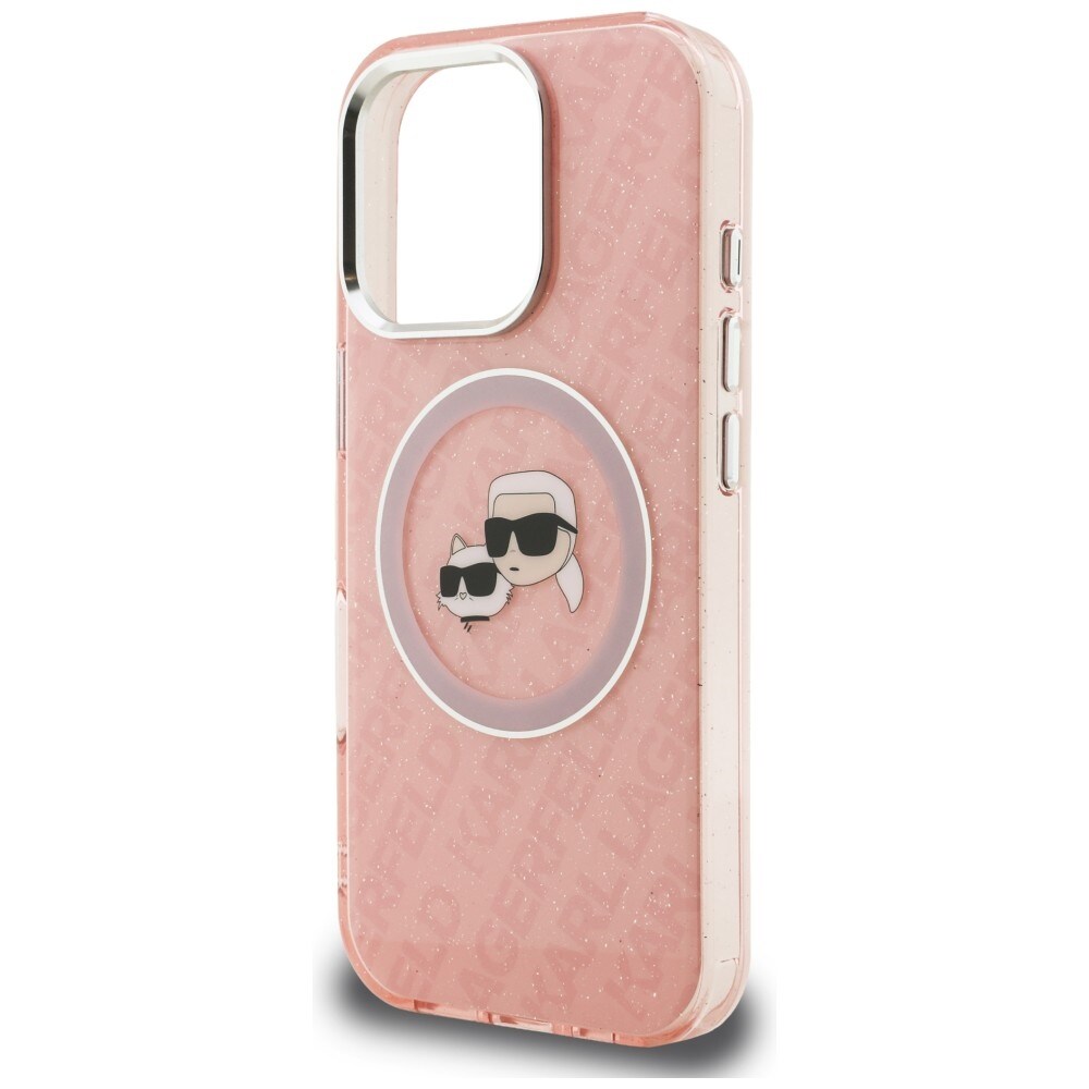 Karl Lagerfeld IML-glitter m. Karl & Choupette-hoder-logo, MagSafe-etui iPhone 16 Pro Max – rosa