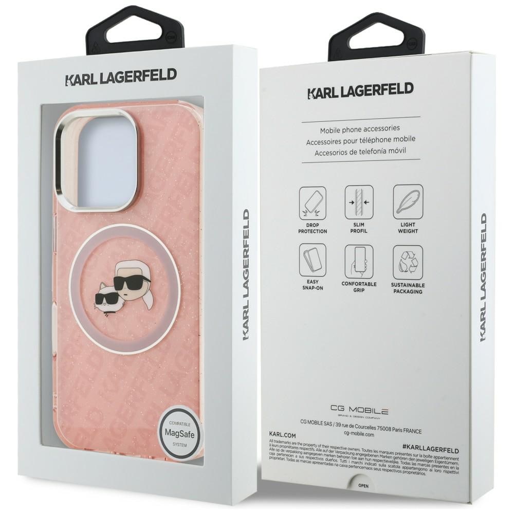 Karl Lagerfeld IML-glitter m. Karl & Choupette-hoder-logo, MagSafe-etui iPhone 16 Pro Max – rosa