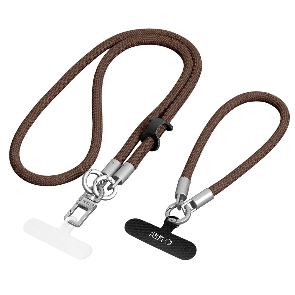 Tech-Protect C10S mobilrem med skulderrem (114 cm) + håndleddsrem (31 cm) – brun-titan