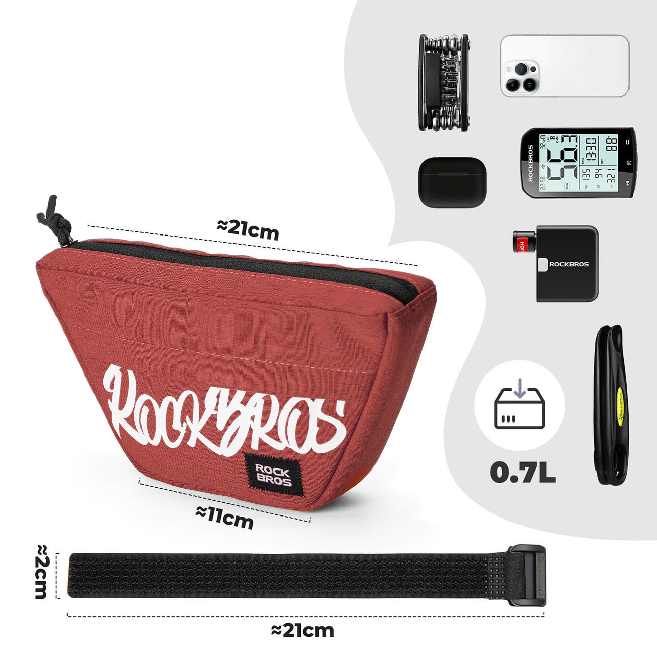 Rockbros G011 Flash Journey sykkelveske for trapesformet styre, 0,7 l – rød