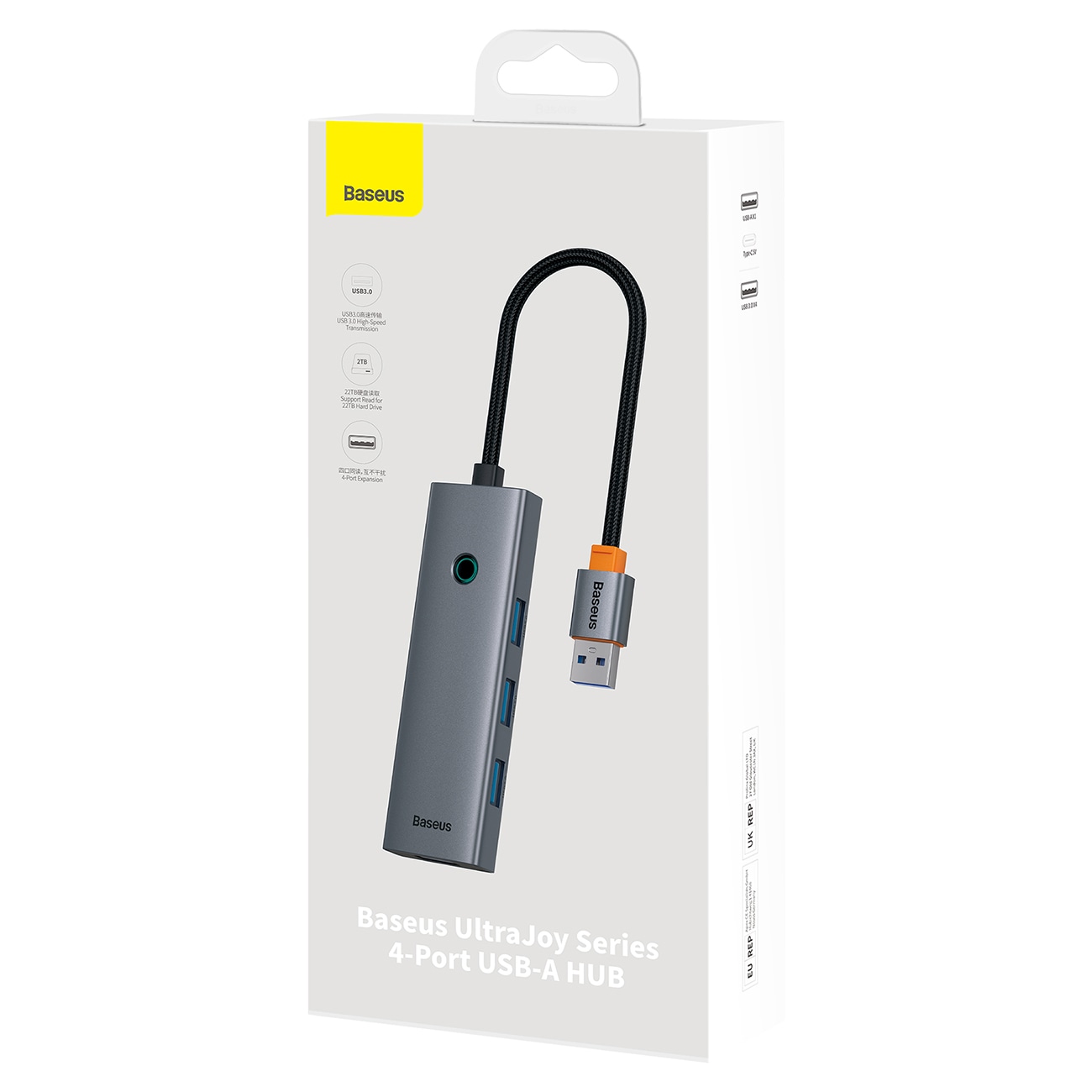 Baseus UltraJoy-serien USB-A-hub, 4xUSB-A 3.0, 1xUSB-C, 5 V, 50 cm – grå