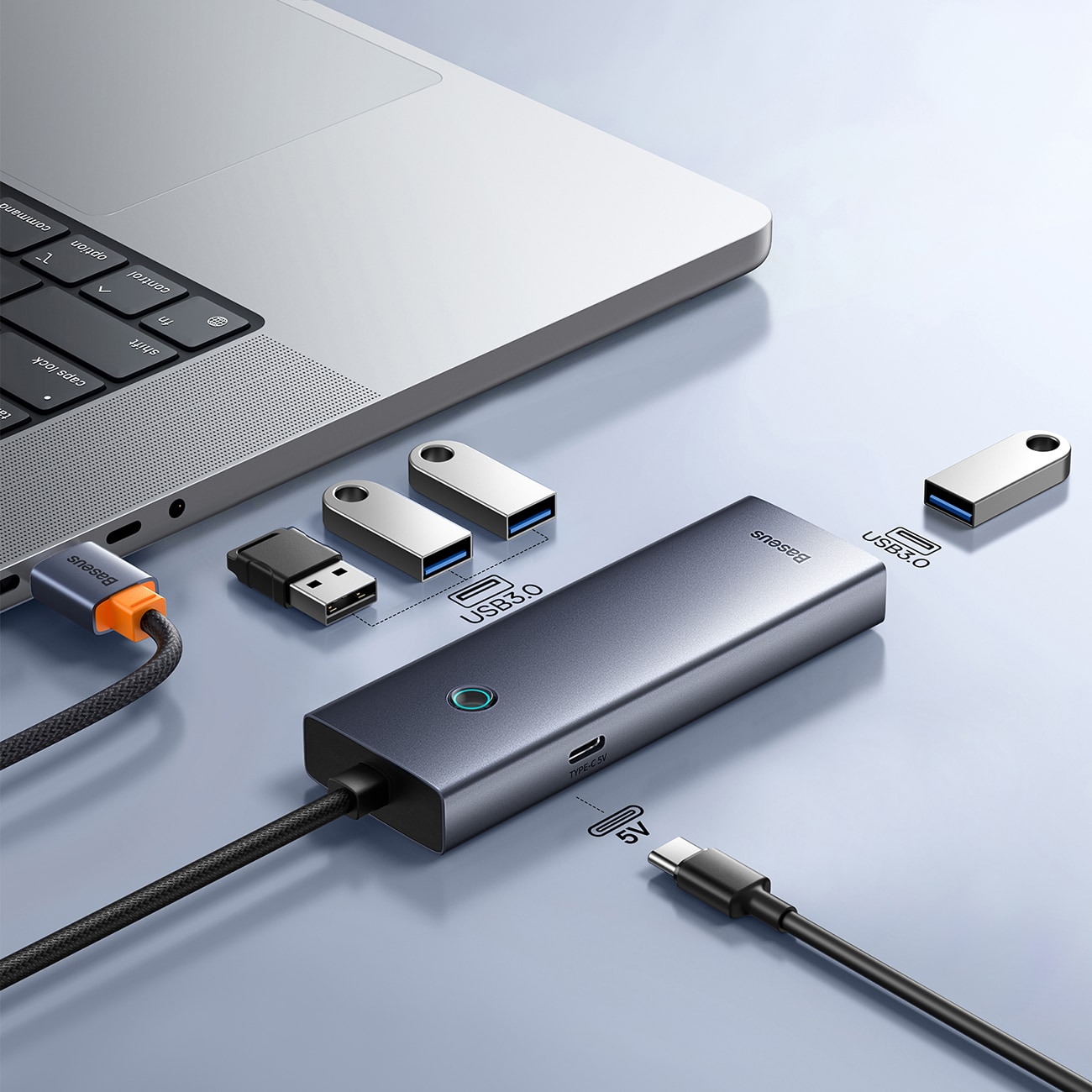 Baseus UltraJoy-serien USB-A-hub, 4xUSB-A 3.0, 1xUSB-C, 5 V, 50 cm – grå