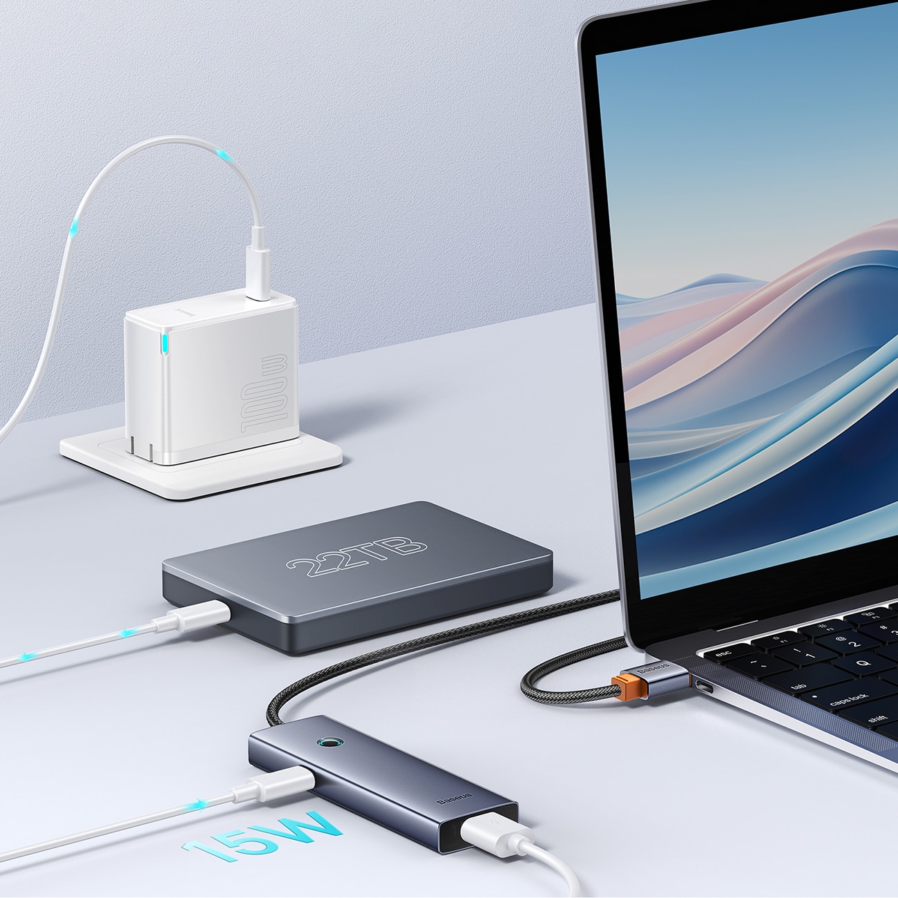 Baseus UltraJoy-serien USB-A-hub, 4xUSB-A 3.0, 1xUSB-C, 5 V, 50 cm – grå