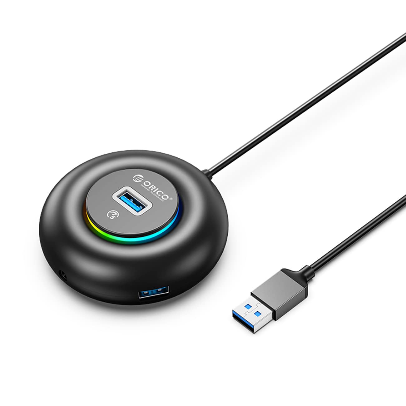 Orico YXR4-U3 RGB USB-hub med 4 USB-A 3.0-porter og lyd-/mikrofonport, 0,3 m – svart