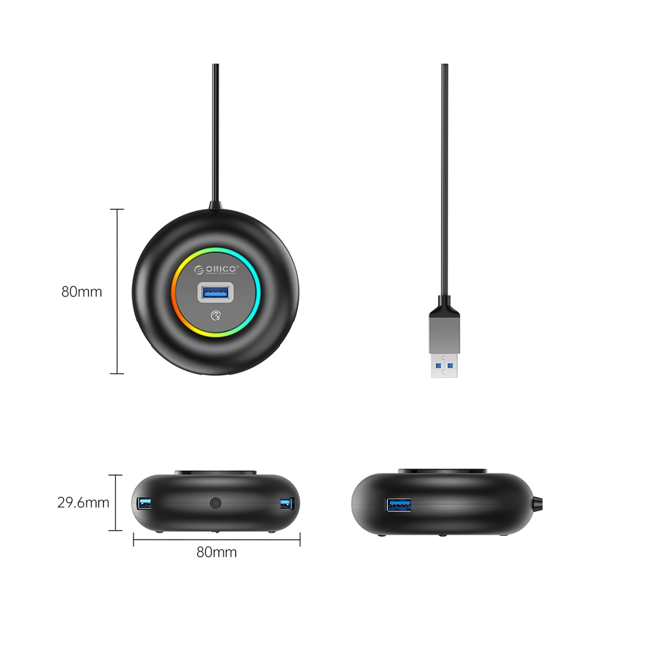 Orico YXR4-U3 RGB USB-hub med 4 USB-A 3.0-porter og lyd-/mikrofonport, 0,3 m – svart