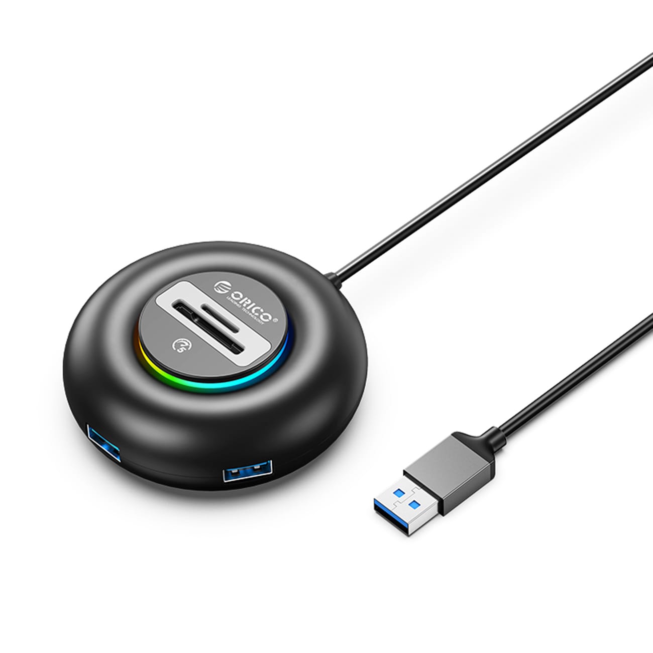Orico YXR5-U3 RGB USB-hub med 4 USB-A 3.0-porter og SD- og microSD-kortleser, 0,3 m – svart