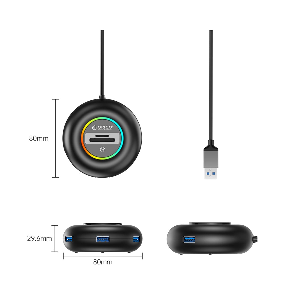 Orico YXR5-U3 RGB USB-hub med 4 USB-A 3.0-porter og SD- og microSD-kortleser, 0,3 m – svart
