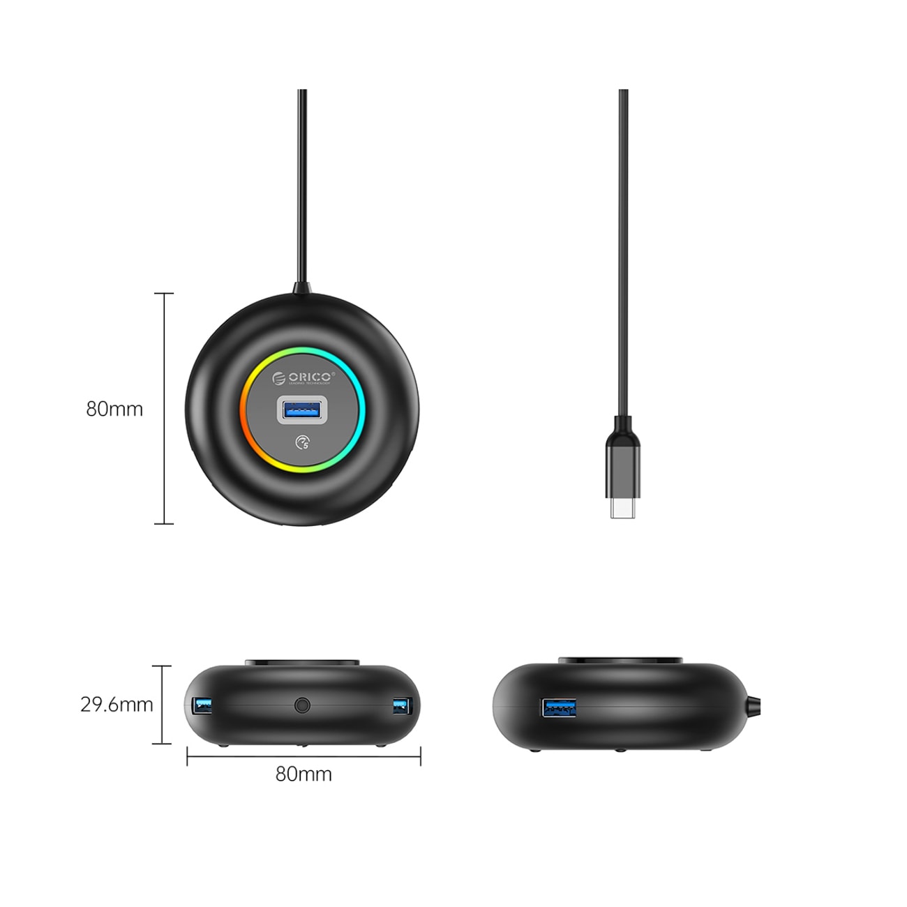 Orico YXR4-C3 RGB USB-hub med 4 USB-A 3.0-porter og lyd-/mikrofonport, 0,3 m – svart