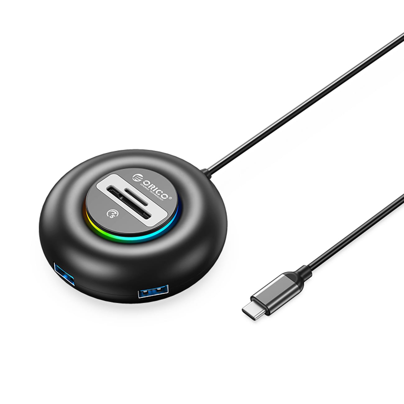 Orico YXR5-C3 USB-hub med 4 USB-A 3.0-porter og SD- og microSD-kortleser, 0,3 m – svart