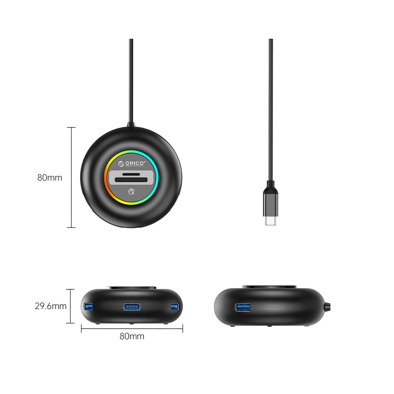 Orico YXR5-C3 USB-hub med 4 USB-A 3.0-porter og SD- og microSD-kortleser, 0,3 m – svart