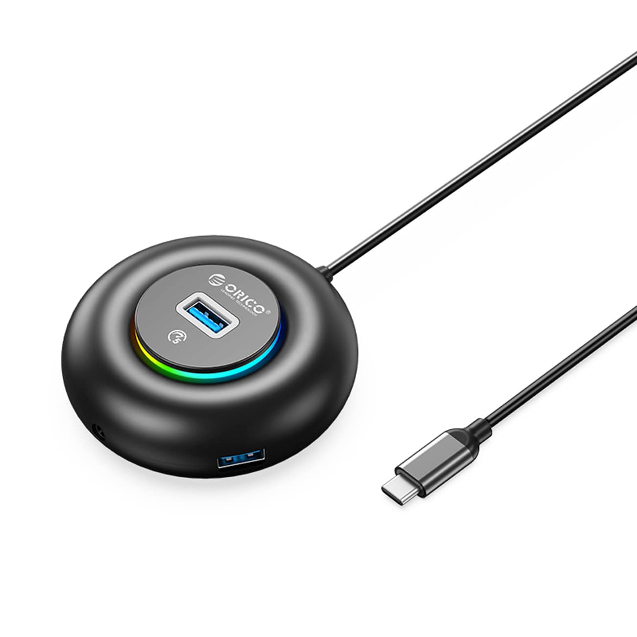 Orico YXR4-C3 RGB USB-hub med 4 USB-A 3.0-porter og lyd-/mikrofonport, 1,8 m – svart