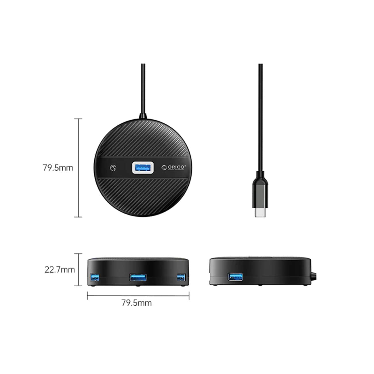 ORICO YS1-C2 USB-hub med 4 porter: 1x USB-A 3.0, 3x USB-A 2.0, 0,3 m – svart