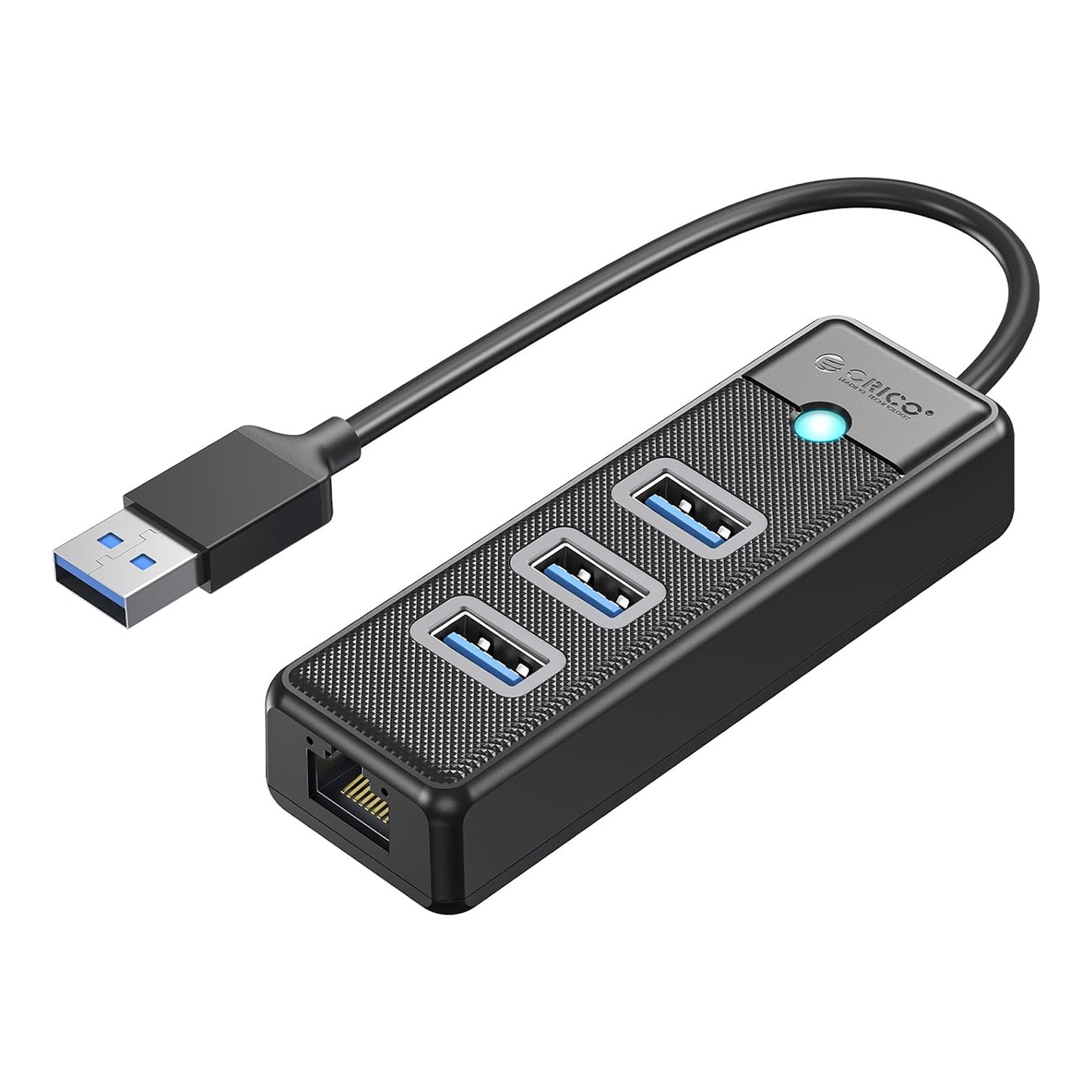 Orico PW3UR25-U3 USB-hub med 4 porter: 3 x USB-A 3.0 og 1 x RJ45 2,5G Ethernet, 0,5 m – svart