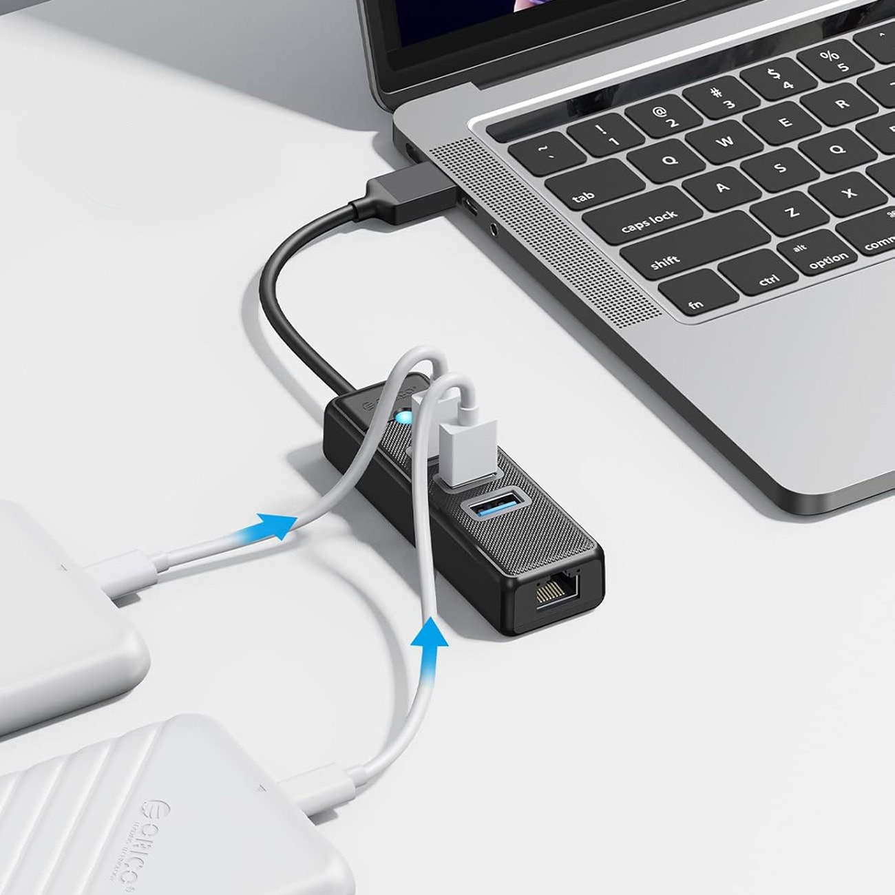 Orico PW3UR25-U3 USB-hub med 4 porter: 3 x USB-A 3.0 og 1 x RJ45 2,5G Ethernet, 0,5 m – svart