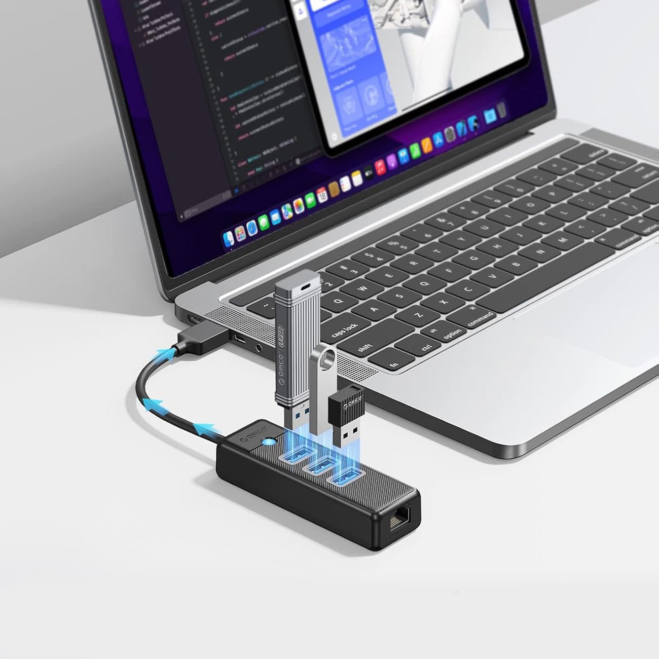 Orico PW3UR25-U3 USB-hub med 4 porter: 3 x USB-A 3.0, 1 x RJ45 2,5 G Ethernet, 1 m – svart