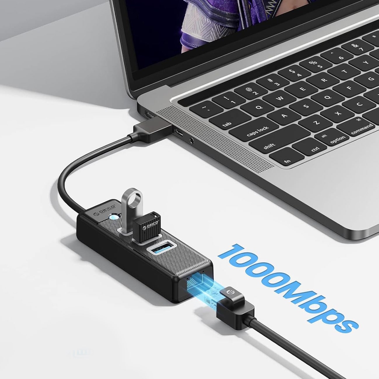 Orico PW3UR25-U3 USB-hub med 4 porter: 3 x USB-A 3.0, 1 x RJ45 2,5 G Ethernet, 1,8 m – svart