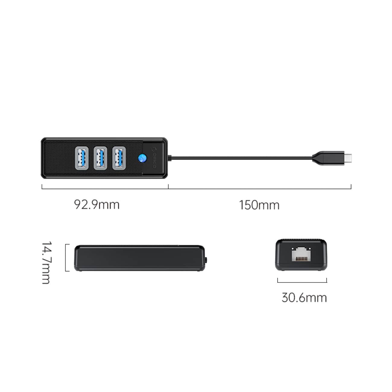 Orico PW3UR25-C3 USB-hub med 4 porter: 3 x USB-A 3.0 og 1 x RJ45 2,5G Ethernet, 0,15 m – svart