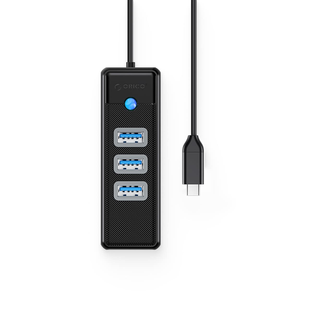 Orico PW3UR25-C3 USB-hub med 4 porter: 3 x USB-A 3.0 og 1 x RJ45 2,5G Ethernet, 0,5 m – svart