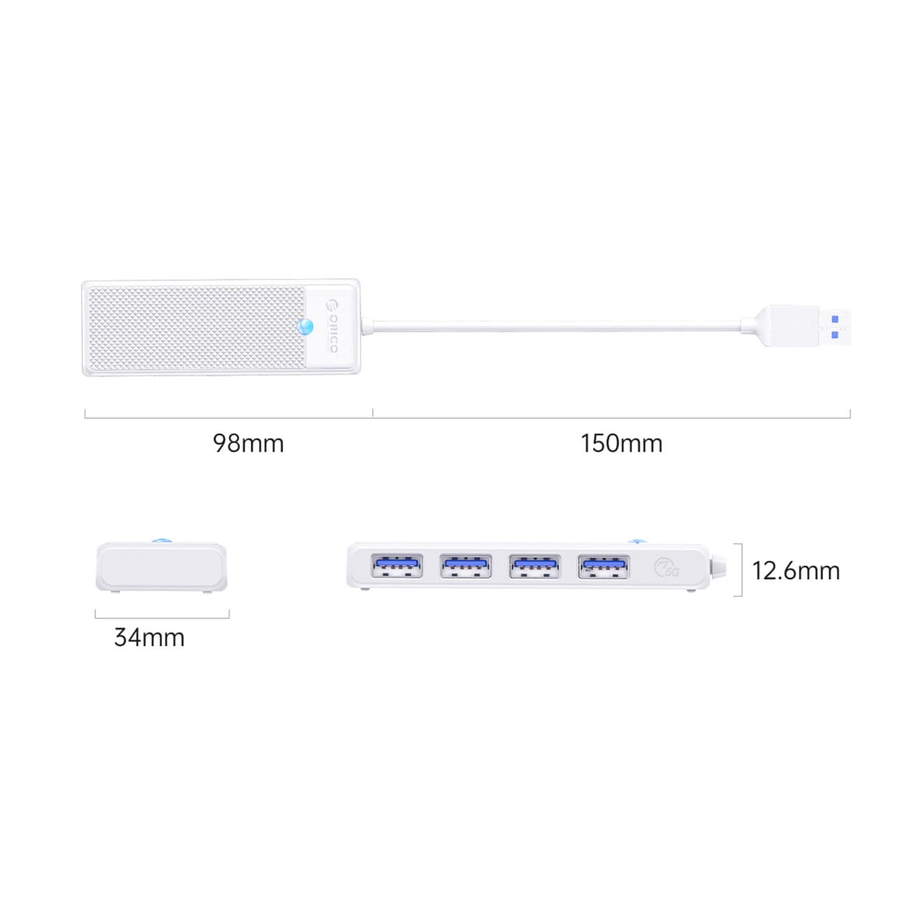 Orico PAPW4A-U3 USB-hub med 4 porter (4x USB-A 3.0), 1 m – hvit