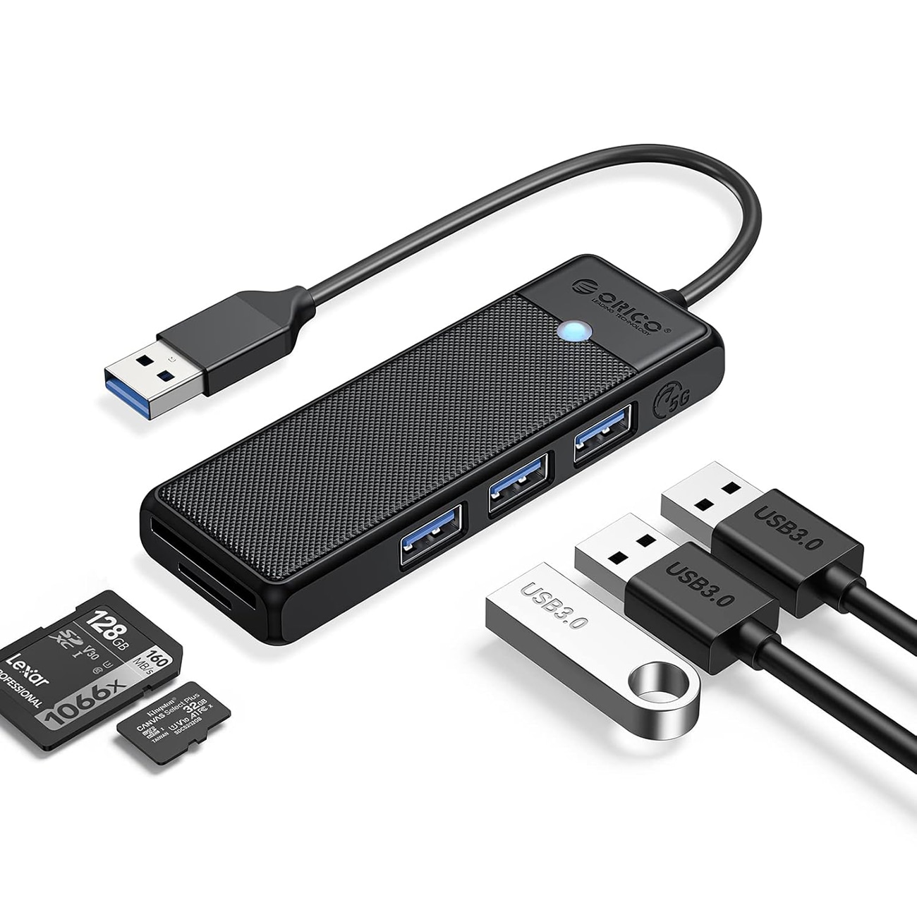 Orico PAPW3AT-U3 USB-hub med 4 porter (3x USB-A 3.0) og microSD/SD-kortleser, 1 m – svart