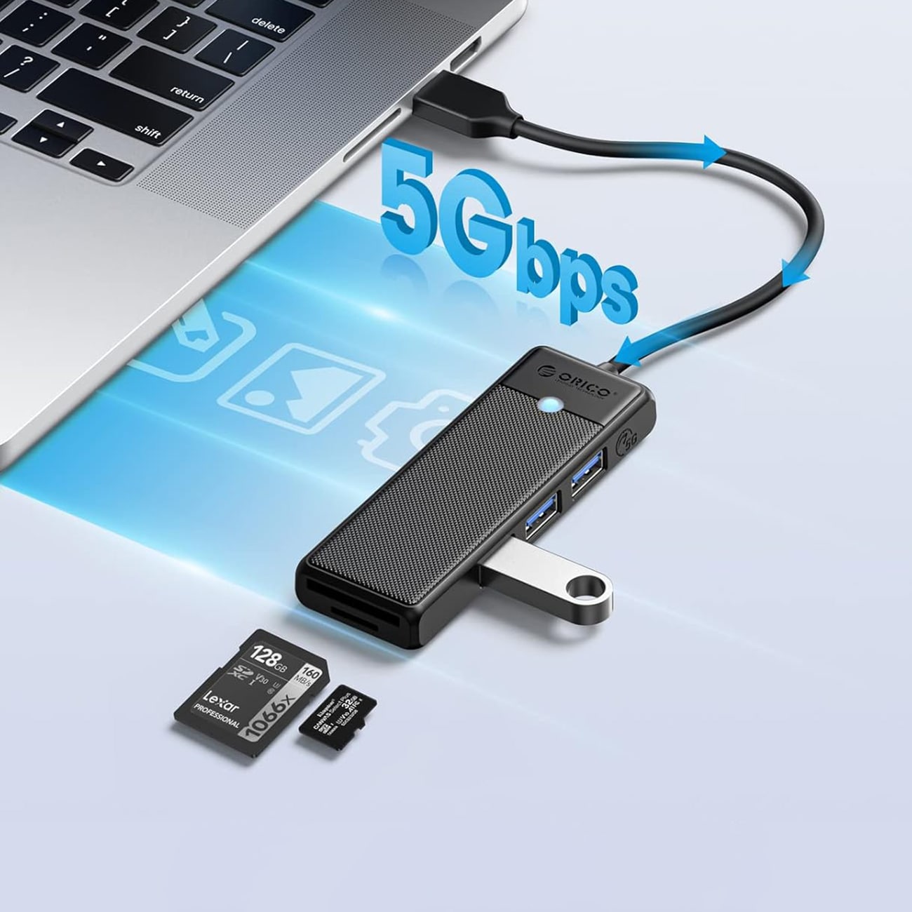Orico PAPW3AT-U3 USB-hub med 4 porter (3x USB-A 3.0) og microSD/SD-kortleser, 1 m – svart