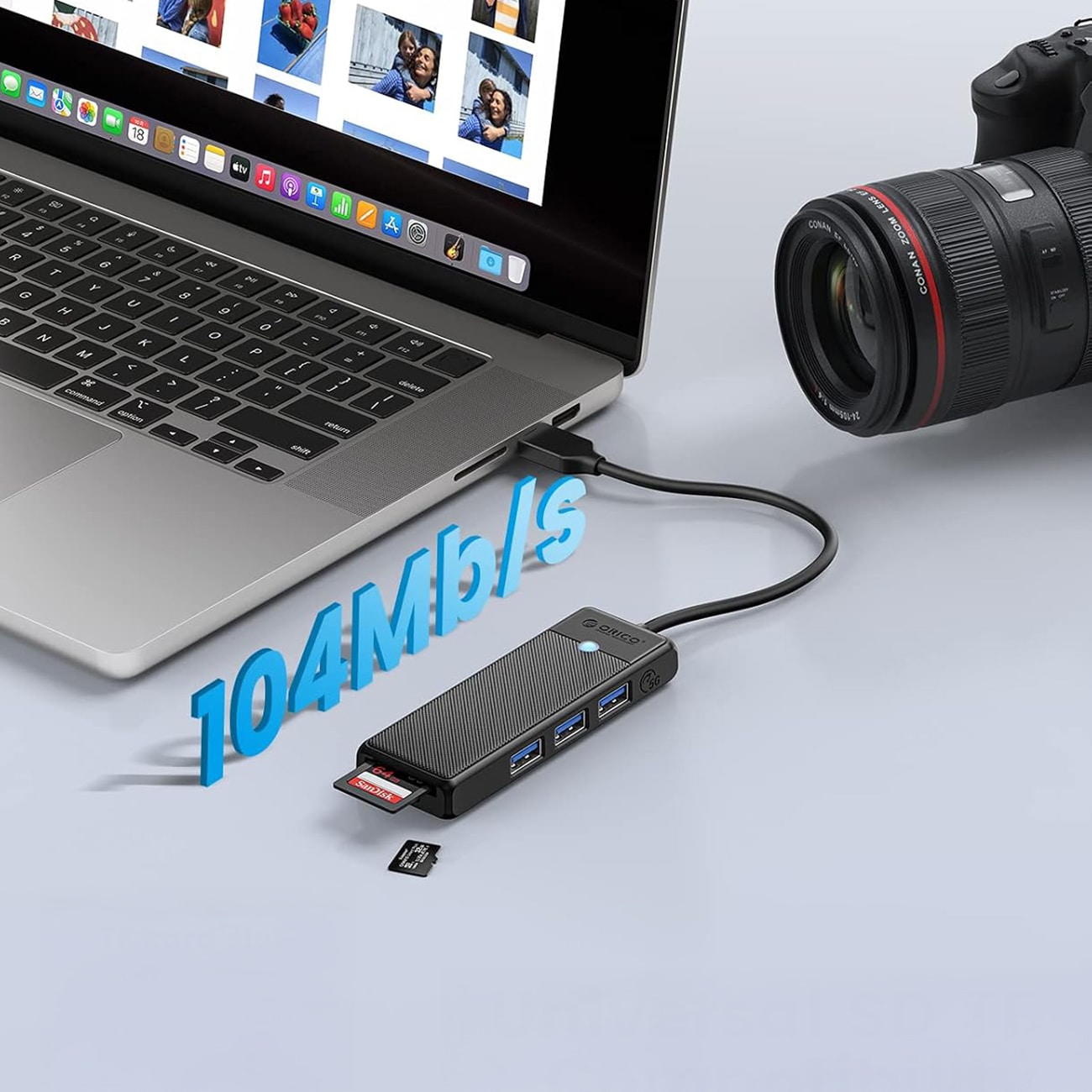 Orico PAPW3AT-U3 USB-hub med 4 porter (3x USB-A 3.0) og microSD/SD-kortleser, 1 m – svart