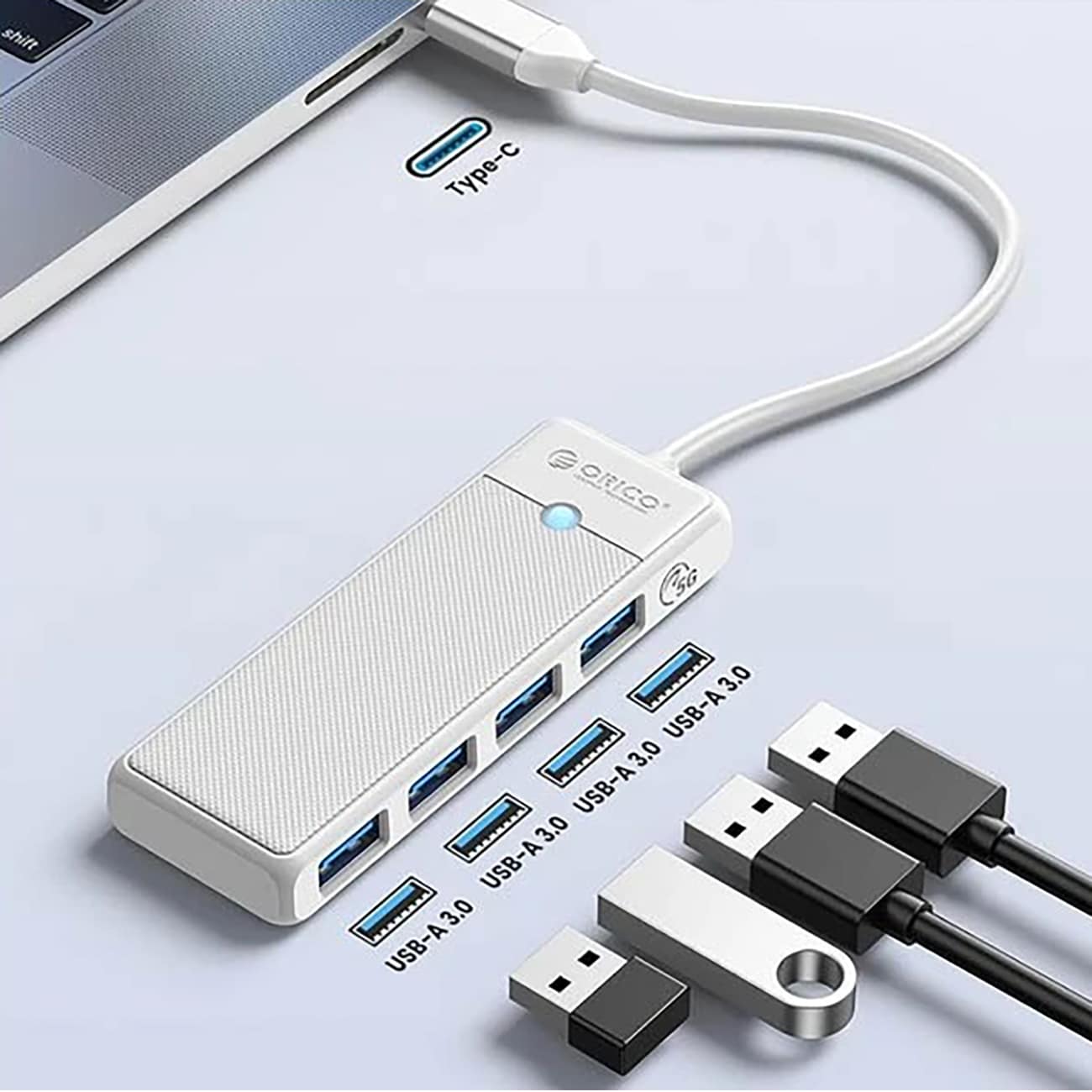 Orico PAPW4A-C3 USB-hub med 4 porter (4x USB-A 3.0), 0,15 m – hvit