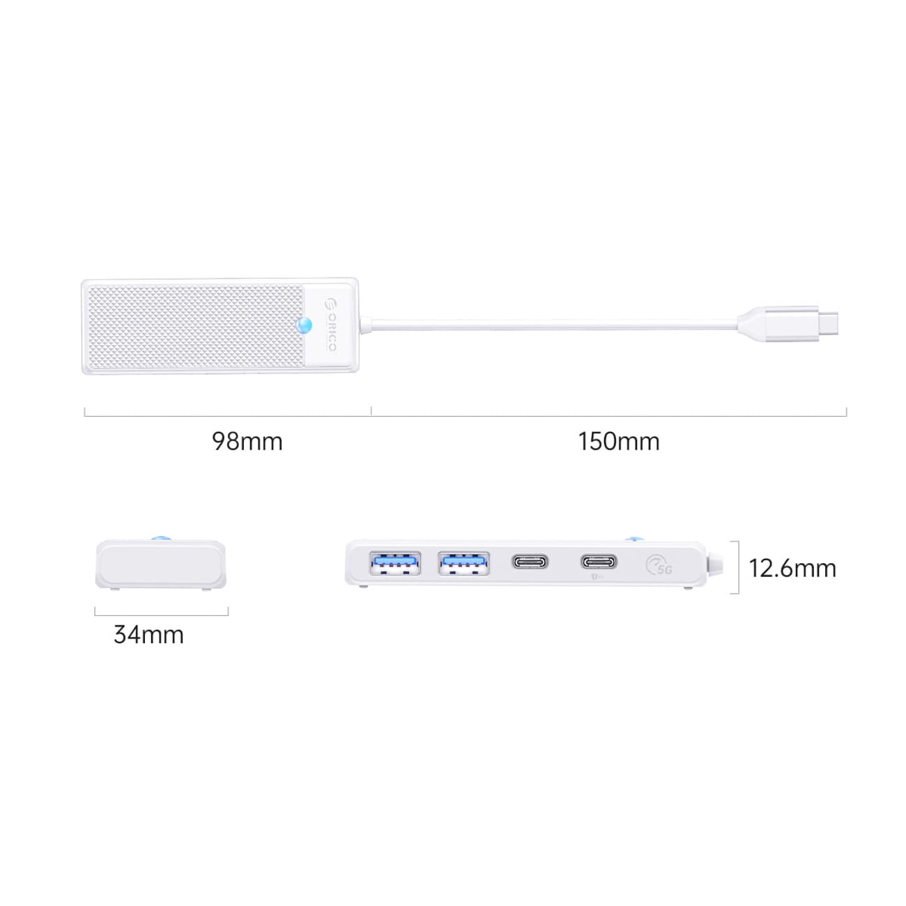 Orico PAPW2AC-C3 USB-hub 4 porter: 2x USB-A 3.0, USB-C 3.0 + PD 100W, 0,15 m hvit
