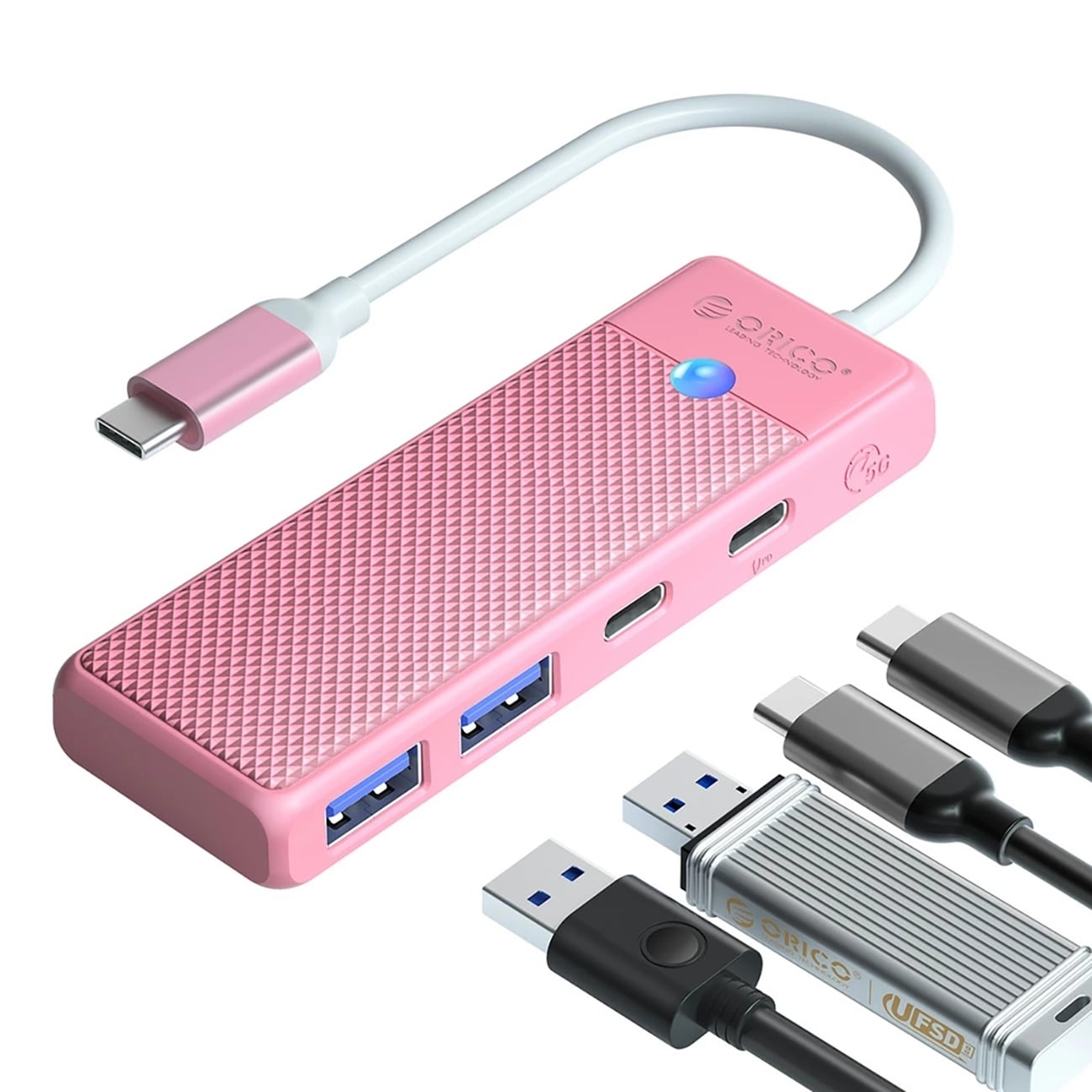 Orico PAPW2AC-C3-C3 USB-hub 4 porter: 2x USB-A 3.0, 1x USB-C 3.0 + PD 100W, 0,15 m, rosa