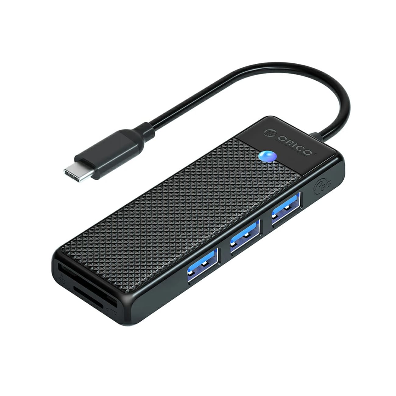 Orico PAPW3AT-C3 USB-hub med 4 porter (3x USB-A 3.0) og microSD-/SD-kortleser, 1 m – svart