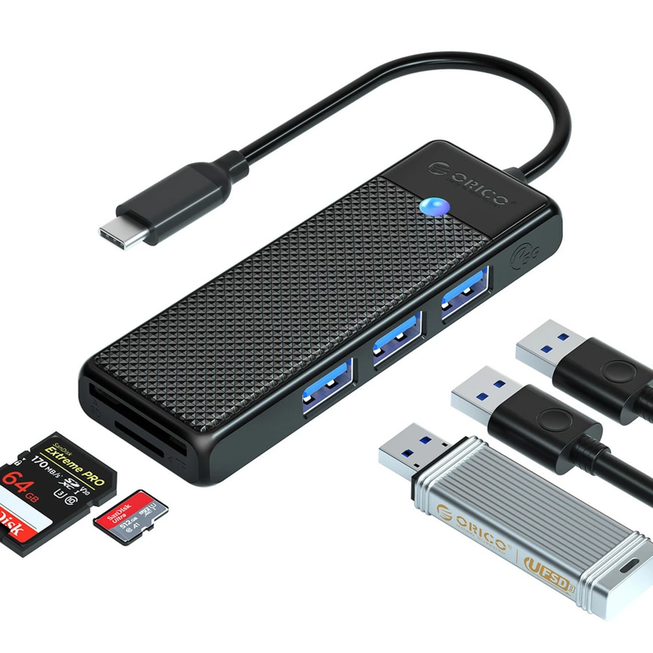 Orico PAPW3AT-C3 USB-hub med 4 porter (3x USB-A 3.0) og microSD-/SD-kortleser, 1 m – svart