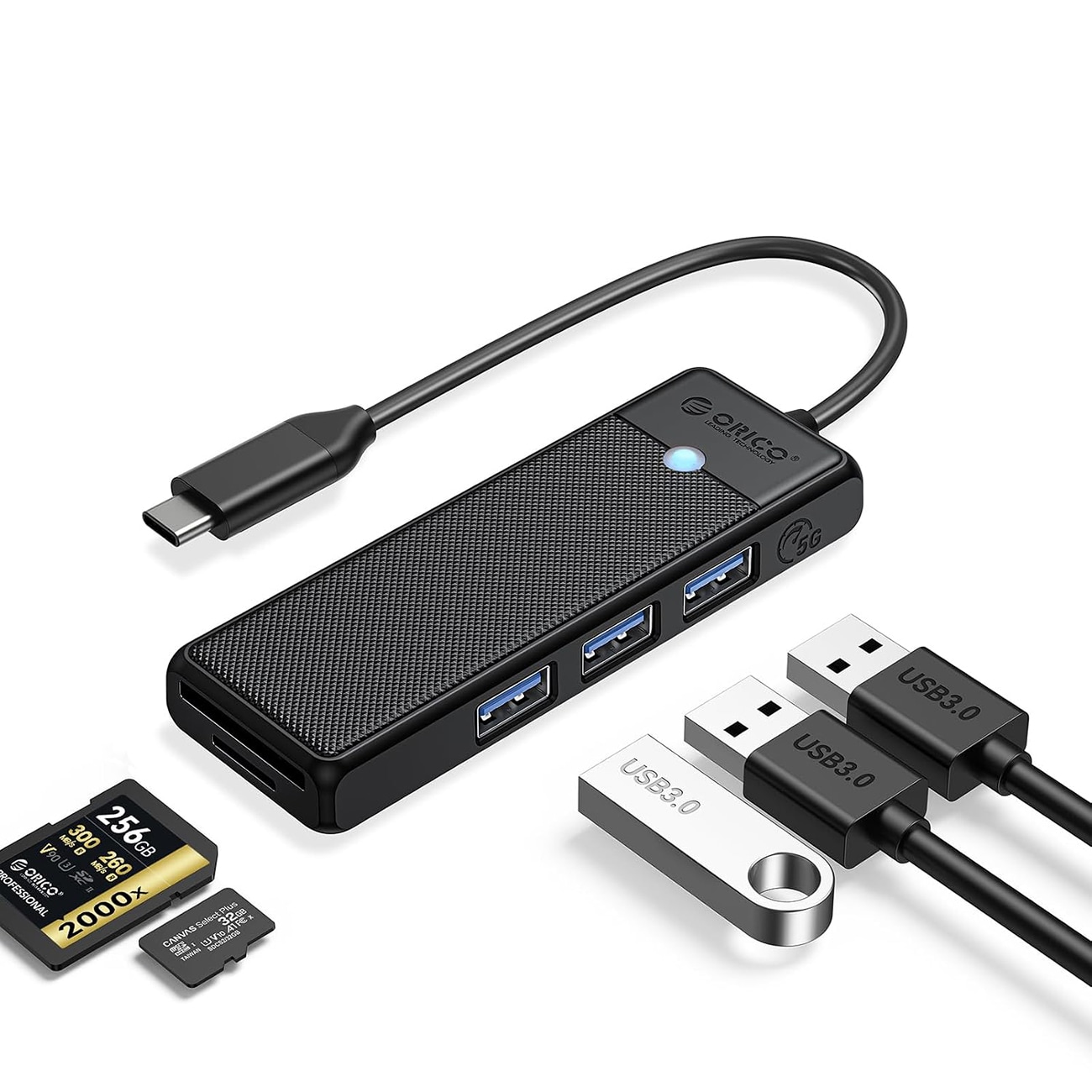 Orico PAPW3AT-C3 USB-hub med 4 porter (3x USB-A 3.0) og microSD-/SD-kortleser, 1 m – svart