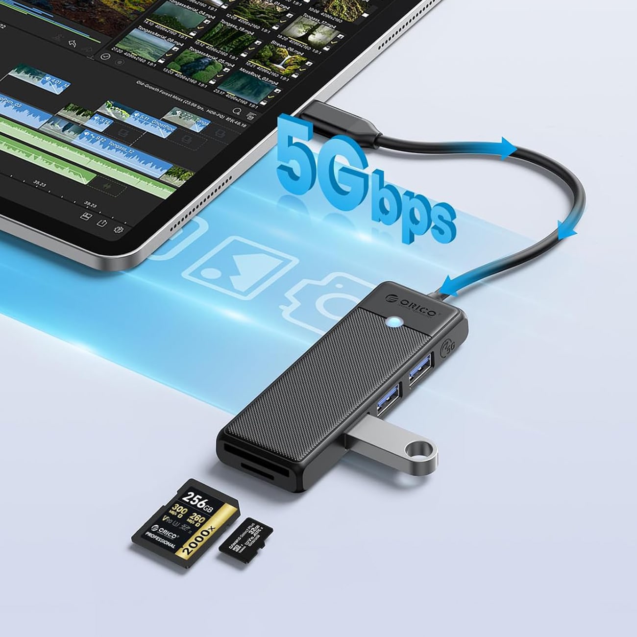 Orico PAPW3AT-U3 USB-hub med 4 porter (3x USB-A 3.0) og microSD-/SD-kortleser, 1,8 m – svart