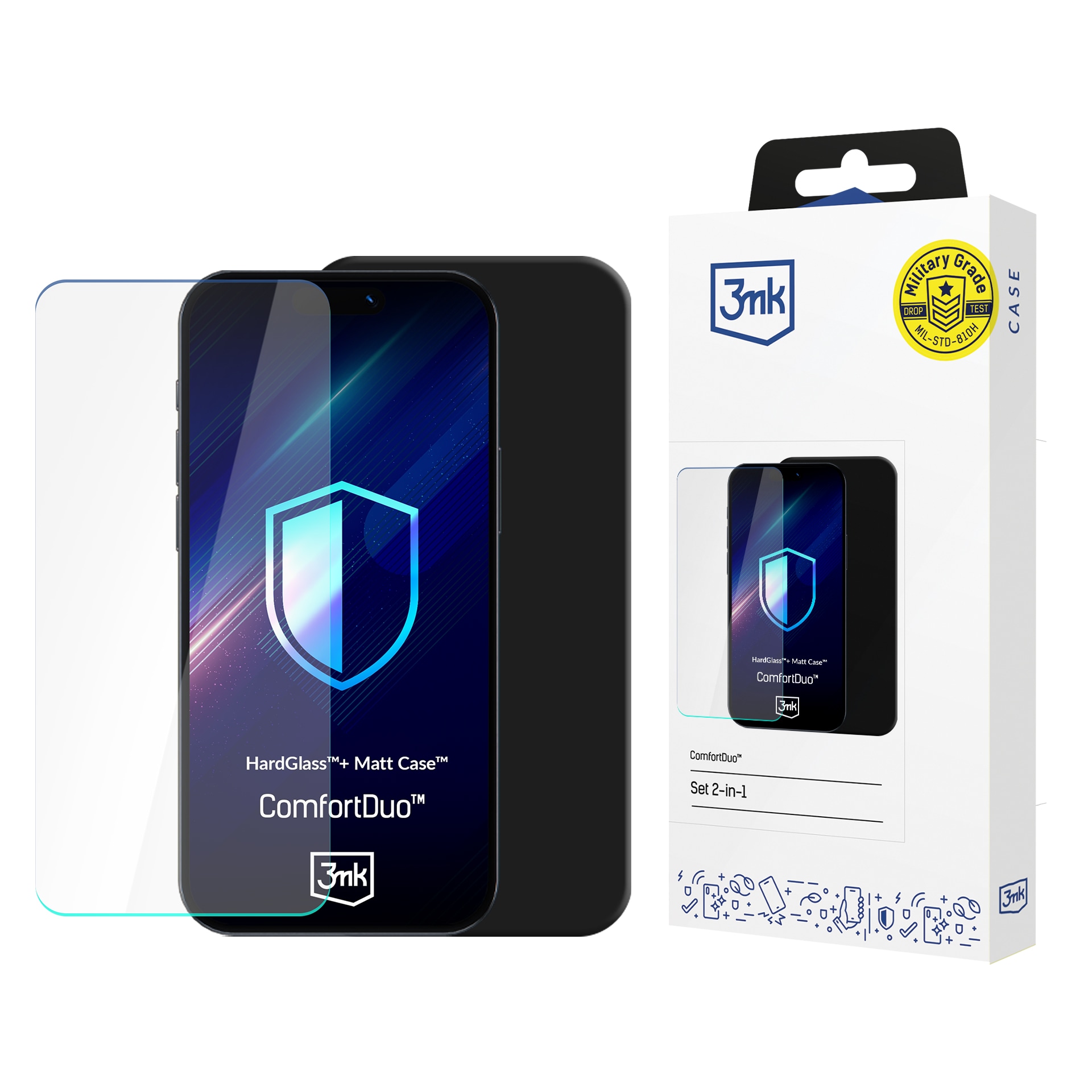 HardGlass™-sett med herdet glass og Matt Case™ 3mk ComfortDuo til Samsung Galaxy A17 5G – svart