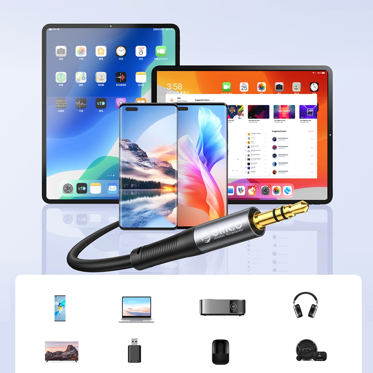 Orico AXRF lydkabel, 3,5 mm minijack til 2x RCA-hunnkontakt, 5 m – svart
