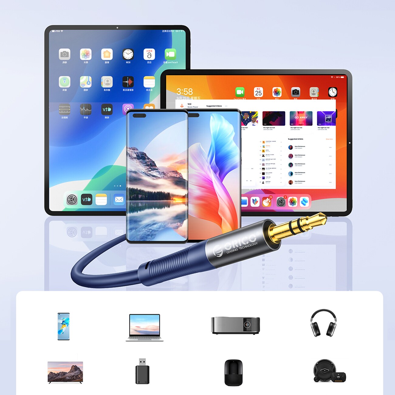 Orico AXRF lydkabel, 3,5 mm minijack til 2x RCA-hunnkontakt, 2 m – blå