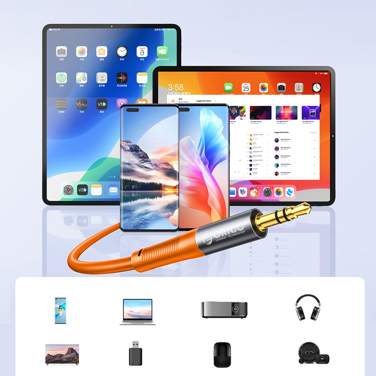 Orico AXRF lydkabel, 3,5 mm minijack til 2x RCA-hunnkontakt, 3 m – oransje