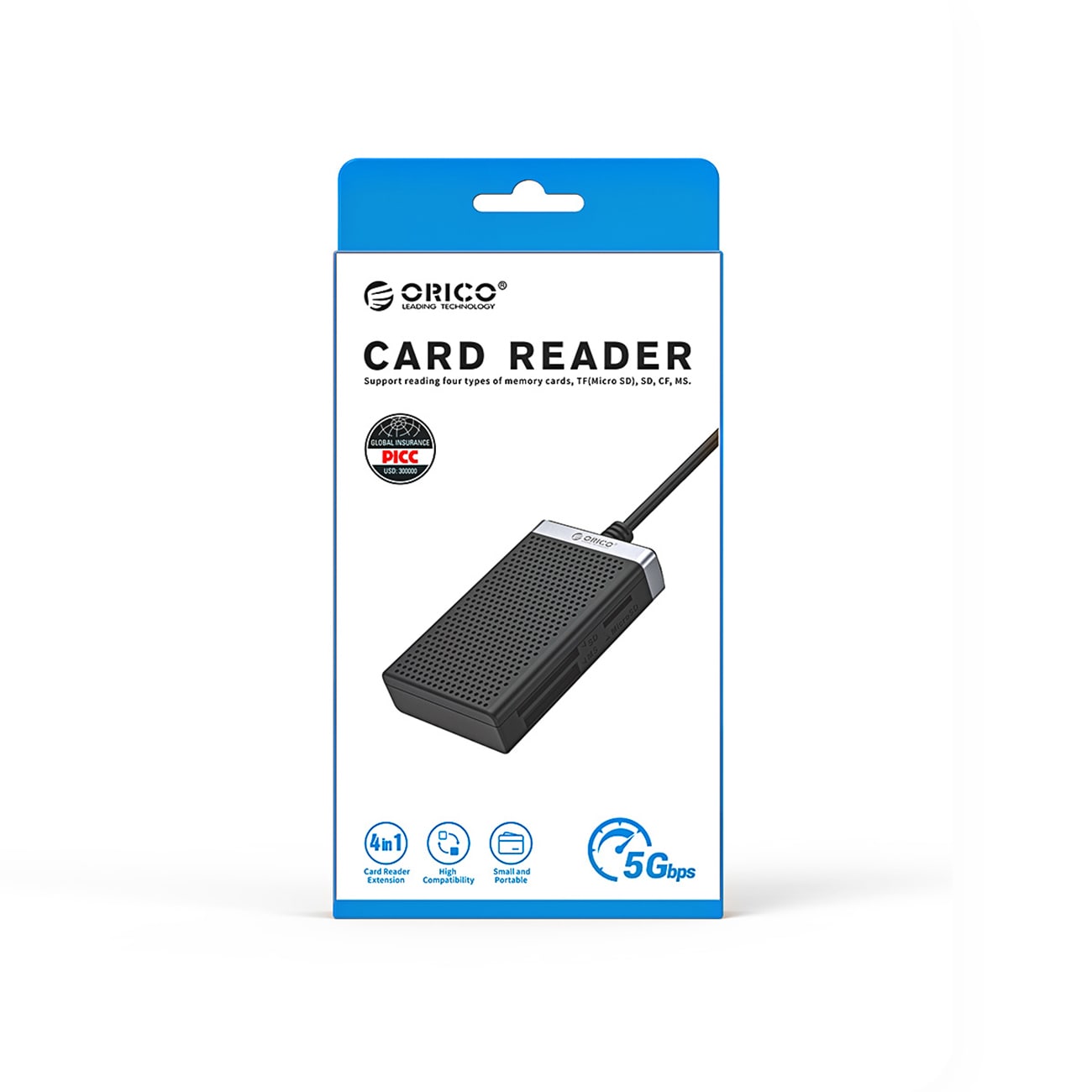 Orico CL4D-A3 USB-A 3.0 SD, microSD, CF, MS minnekortleser med 5 Gb/s – svart og sølv