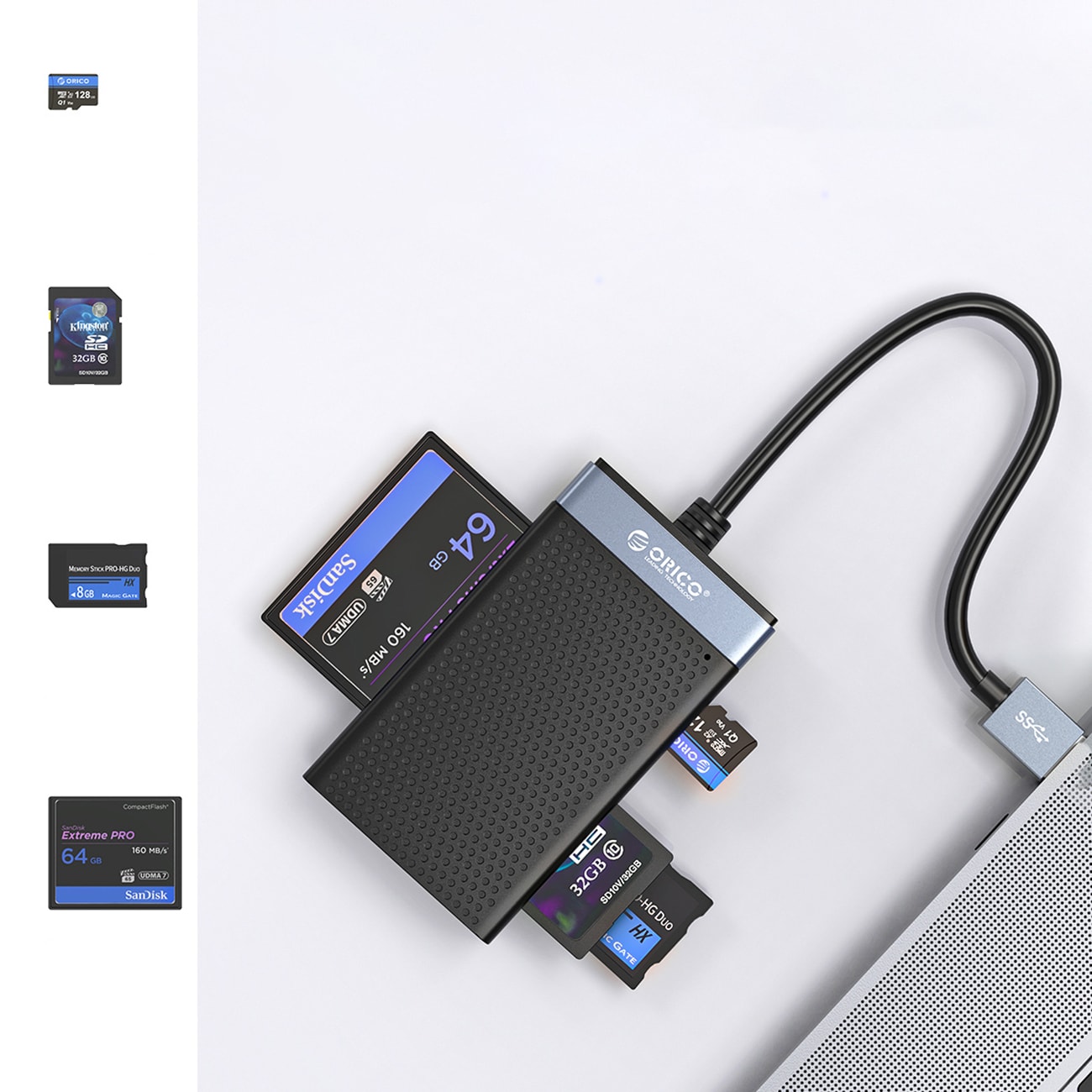 Orico CL4D-A3 USB-A 3.0 SD, microSD, CF, MS minnekortleser med 5 Gb/s – svart og sølv
