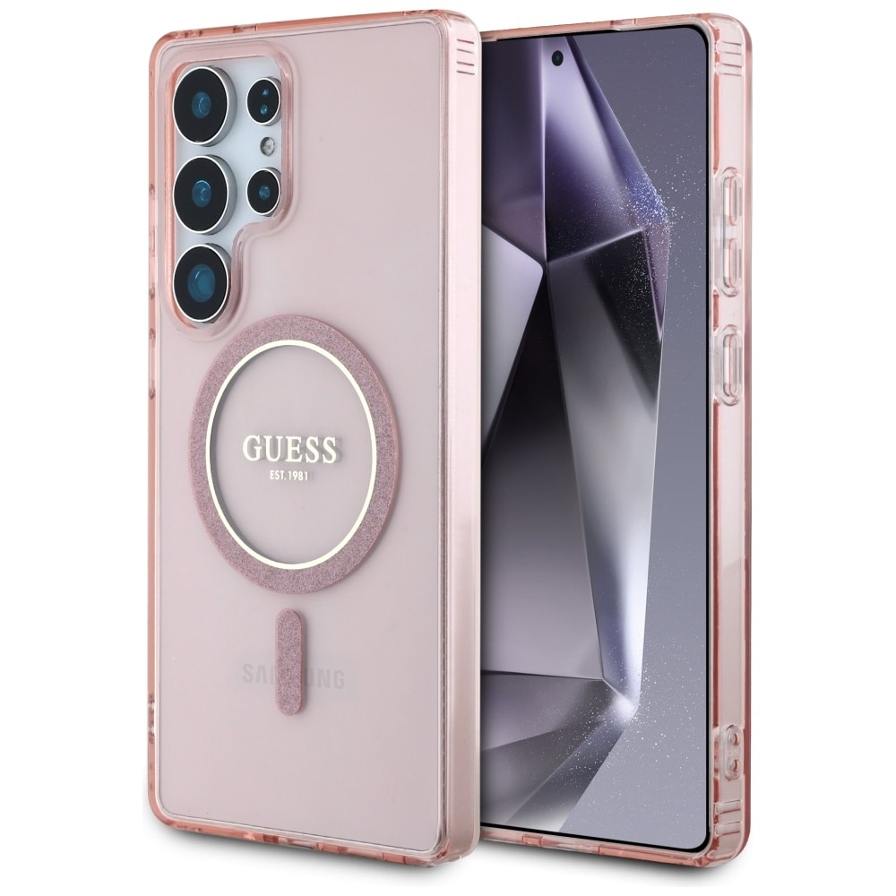 Guess Glitter Circle Classic Logo MagSafe-etui til Samsung Galaxy S25 Ultra – rosa