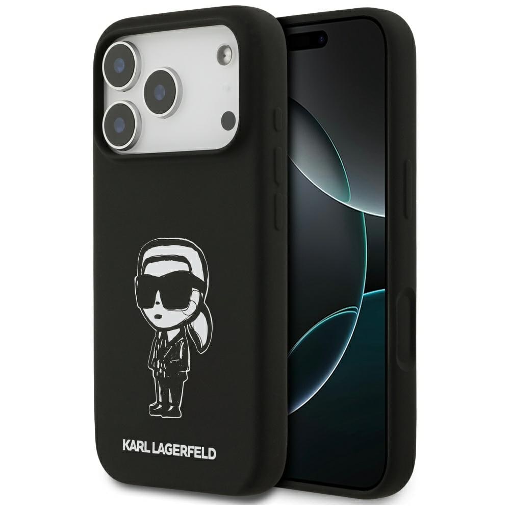 Karl Lagerfeld silikonetui med Karl-skisse og logo, MagSafe-kompatibelt, til iPhone 17 Pro – svart