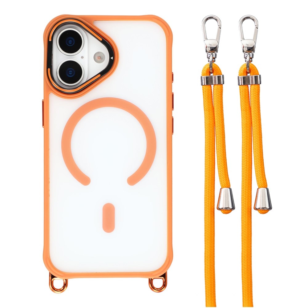 iPhone 17-etui med justerbar skulderrem og MagSafe-kompatibel kameraramme som stativ – oransje