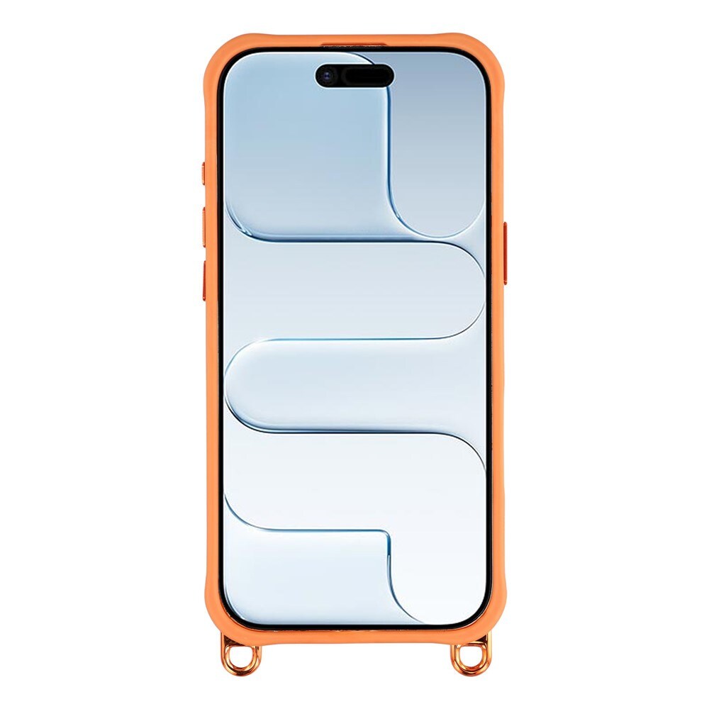 iPhone 17-etui med justerbar skulderrem og MagSafe-kompatibel kameraramme som stativ – oransje