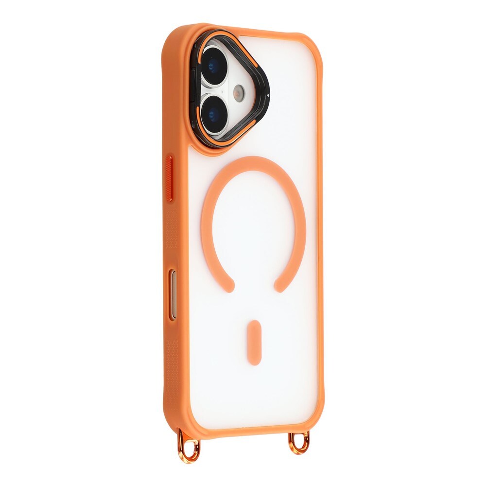 iPhone 17-etui med justerbar skulderrem og MagSafe-kompatibel kameraramme som stativ – oransje