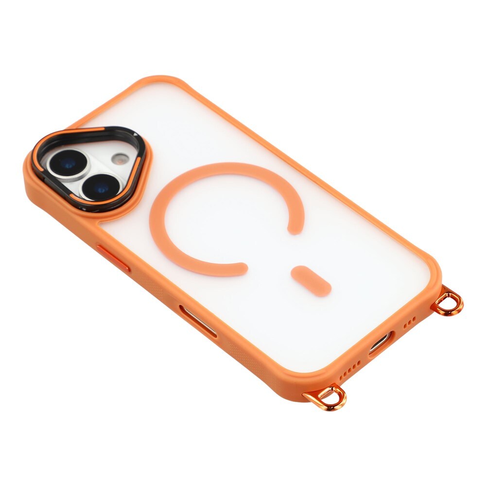 iPhone 17-etui med justerbar skulderrem og MagSafe-kompatibel kameraramme som stativ – oransje
