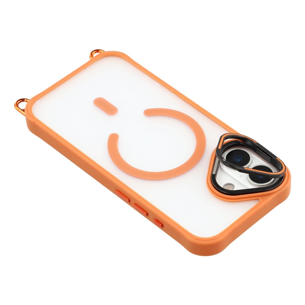 iPhone 17-etui med justerbar skulderrem og MagSafe-kompatibel kameraramme som stativ – oransje
