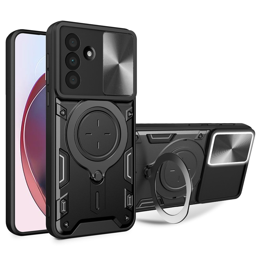 Samsung Galaxy A17 4G / A17 5G / A18 / A26 Etui med stativ og skyvbart objektivdeksel – svart