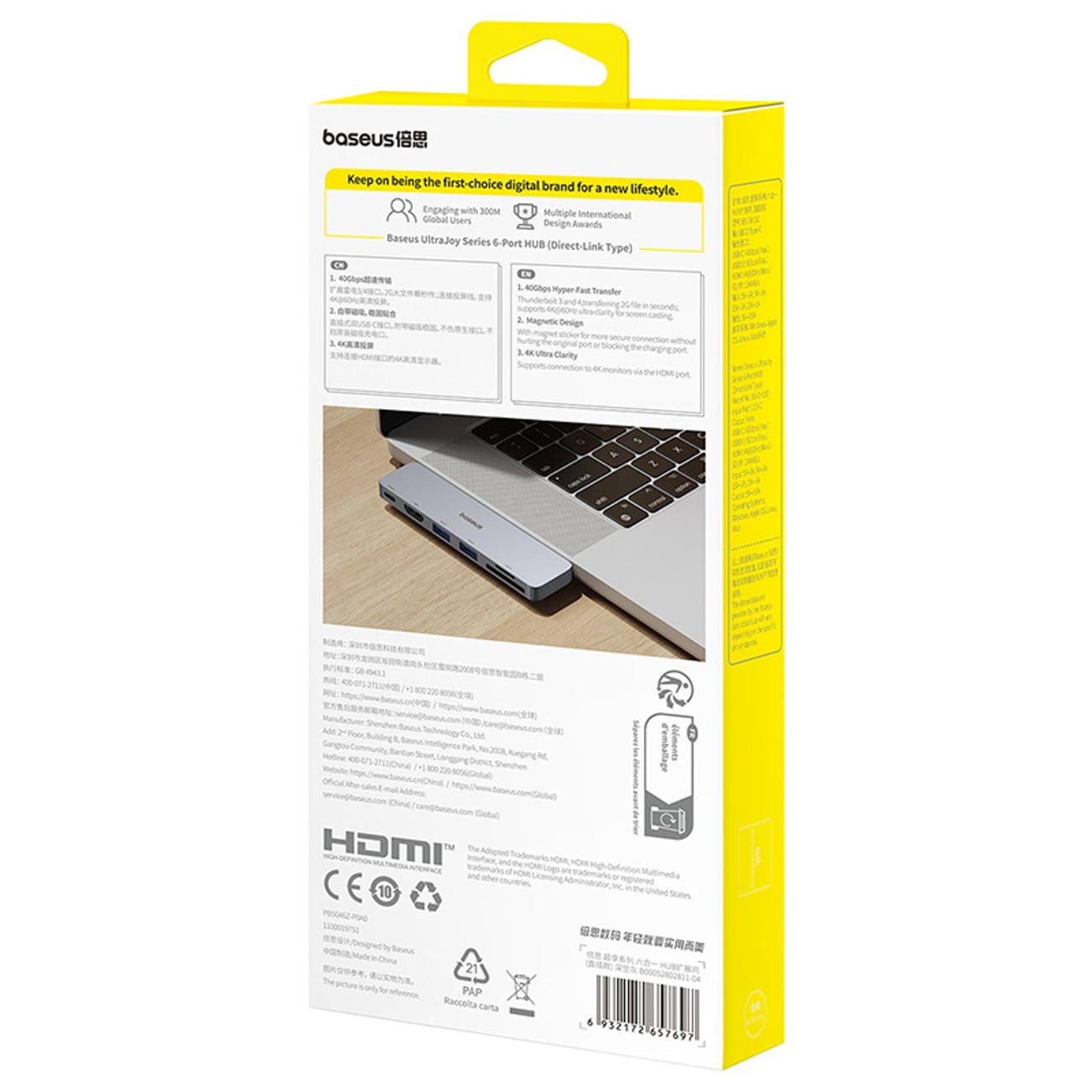 Baseus UltraJoy-serien 6-i-1 USB-C hub 40 Gb/s USB 3.0 HDMI 4K SD/microSD-kortleser – grå