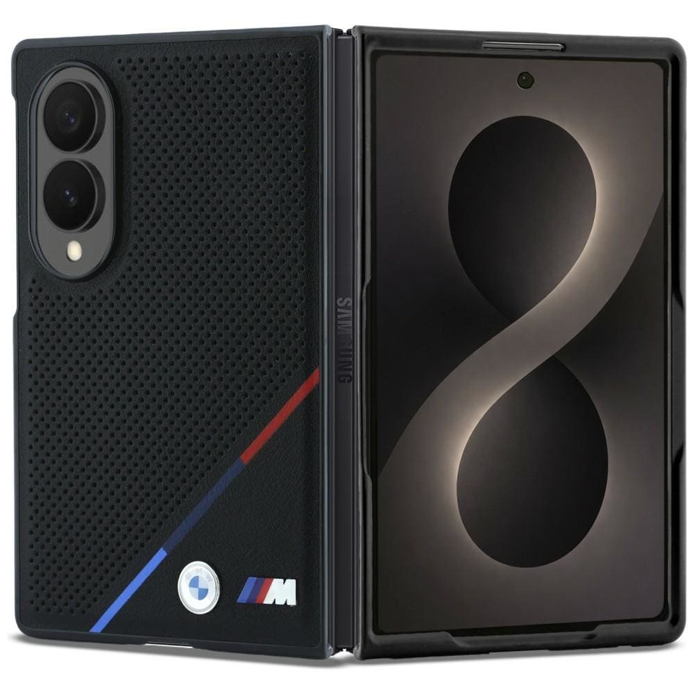 BMW M-lær, perforert, trefarget stripe, metalllogo, MagSafe-etui til Galaxy Z Fold 8 – svart